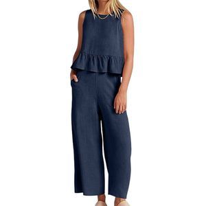 Danqi Navy Ruffle Trim Tank & Wide Leg Pants Size XL